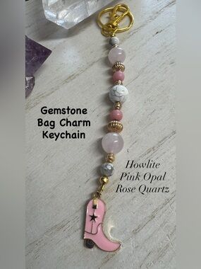 2/$35 Hand Crafted Pink Opal Rose Quartz Howlite Gemstone Bag Charm Keychain